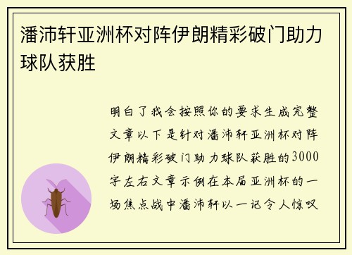 潘沛轩亚洲杯对阵伊朗精彩破门助力球队获胜