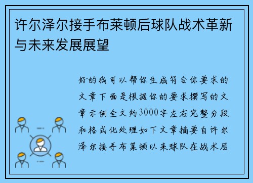 许尔泽尔接手布莱顿后球队战术革新与未来发展展望 许尔泽尔接手布莱顿后球队战术革新与未来发展展望