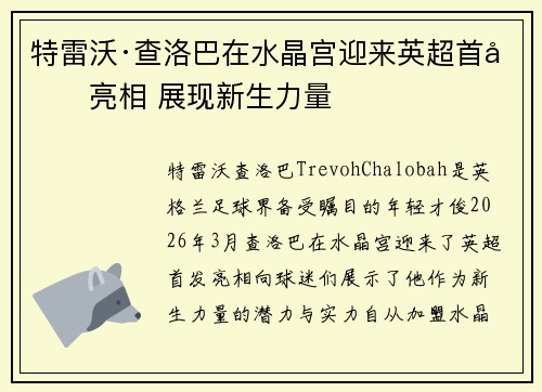 特雷沃·查洛巴在水晶宫迎来英超首发亮相 展现新生力量 特雷沃·查洛巴在水晶宫迎来英超首发亮相 展现新生力量